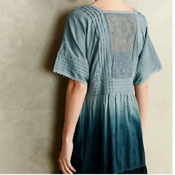 Anthropologie Ombre Ocean Dipped Embroidered Lace Blue Tunic Dress - Picture 2 of 7